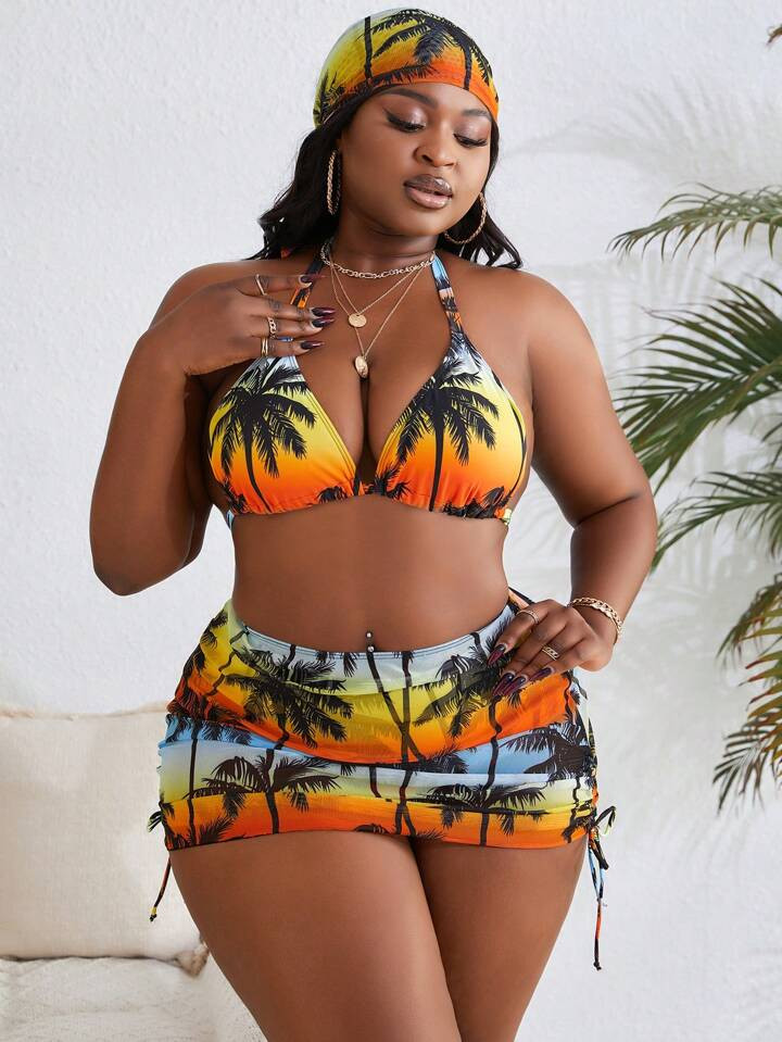 SHEIN X Hangout Fest SHEIN Slayr Summer Beach Plus Size Tropical Print Ombre Swimsuit 4pcs Bikini... | SHEIN