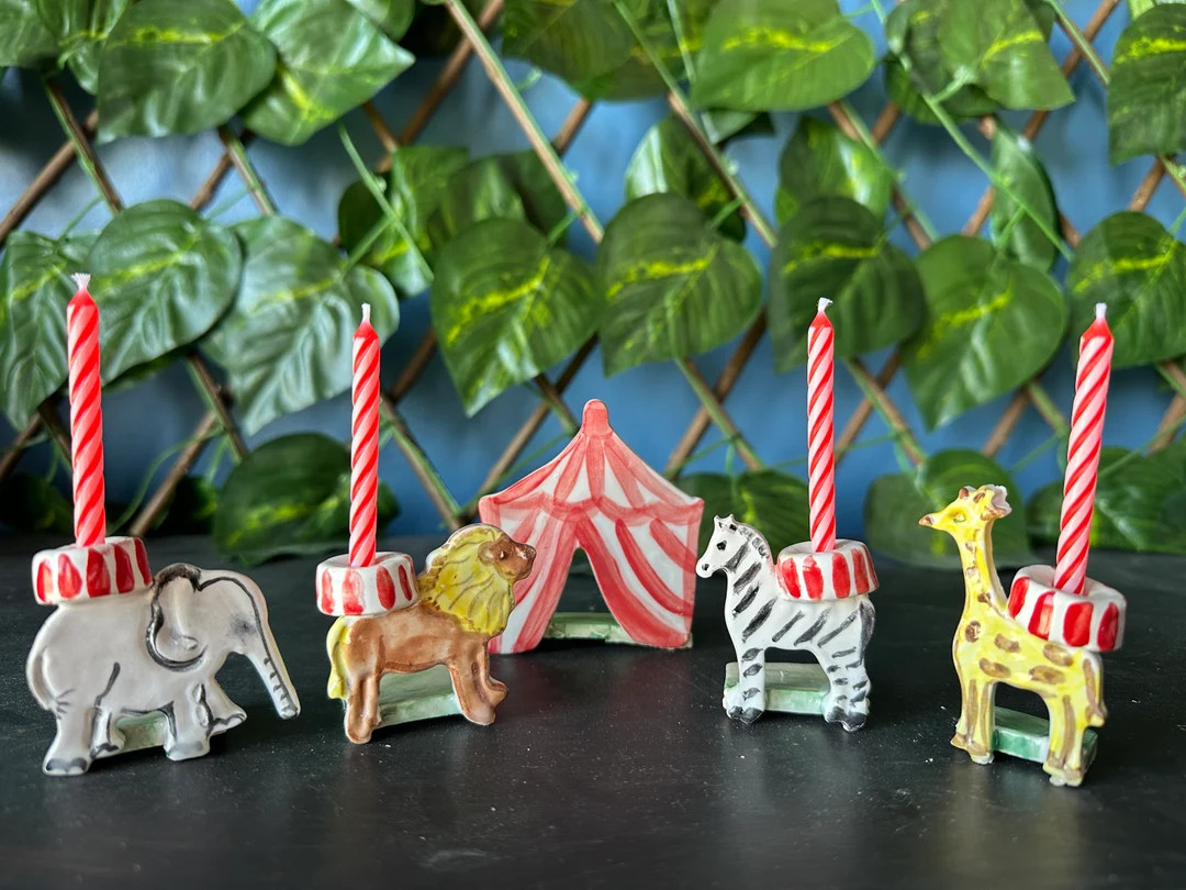 Circus Birthday Cake Topper Set, Animal Cracker Set, Candle Holders, Lion, Giraffe, Zebra,elephan... | Etsy (US)