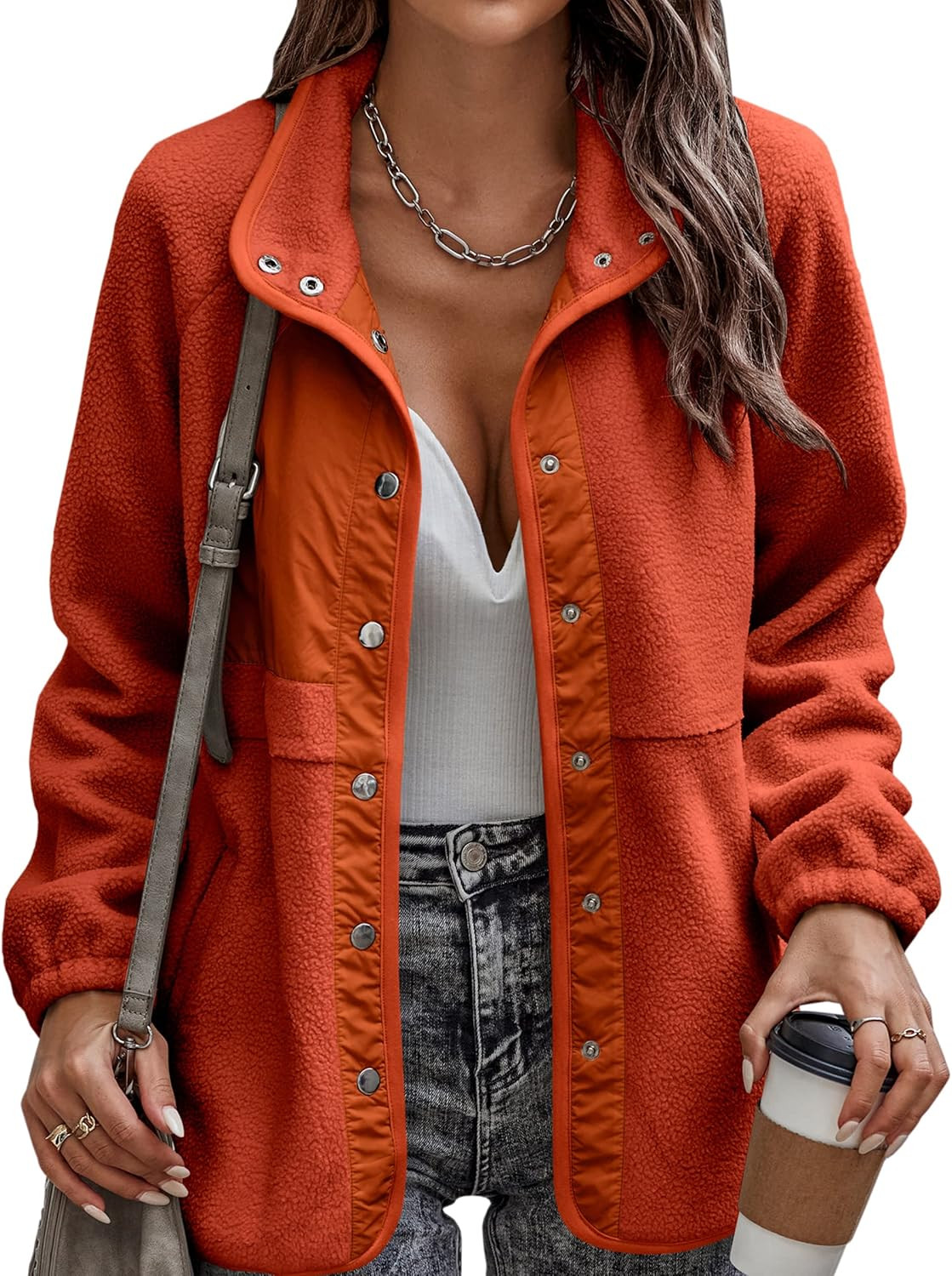 ECOWISH Women Fleece Jackets Button Down Coat Long Sleeve Sherpa Fuzzy Outwear With Pockets | Amazon (US)