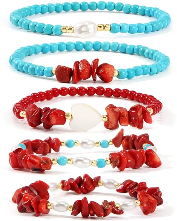 5PCS/set Red Jasper Turquoise Beads Elastic Bracelet for Women,Gold Plated Beads Pearl White Hear... | Amazon (US)