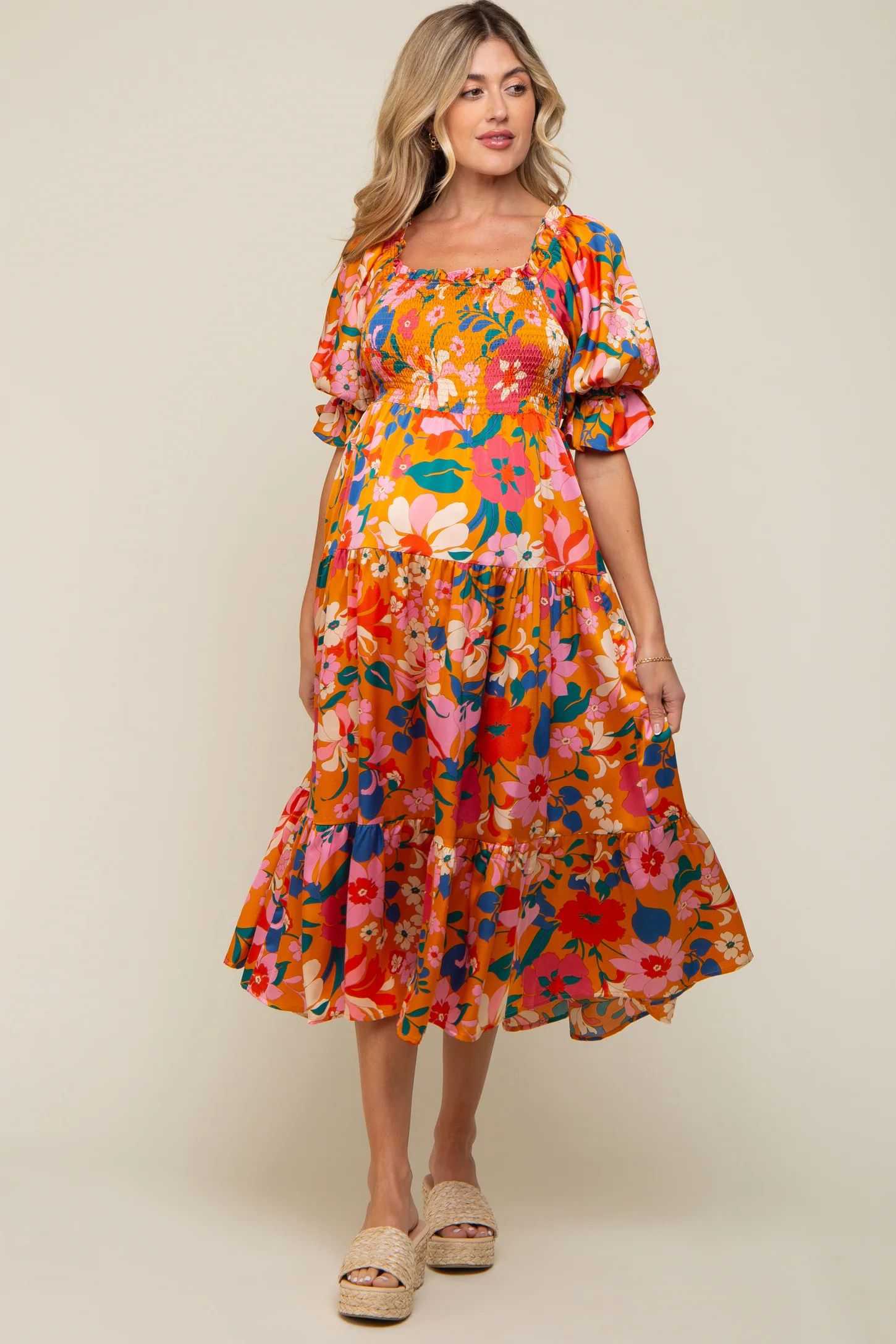 Orange Floral Satin Smocked Short Sleeve Maternity Midi Dress | PinkBlush Maternity