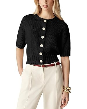 Womens 2025 Lightweight Cardigan Short Sleeve Knit Button Down Cropped Pullover Ribbled Sweater | Amazon (US)