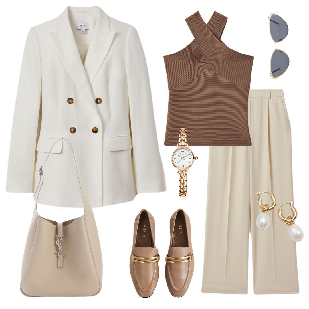 Neutral workwear, neutral spring look, wide leg trousers, loafers, blazer styling, brown, beige, white, effortless chic, elegant look, smart casual 

#LTKworkwear #LTKstyletip #LTKshoecrush