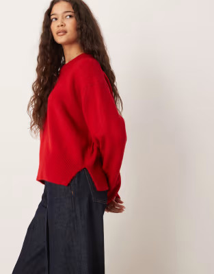 ASOS DESIGN boxy crew neck jumper with side split detail in red | ASOS (Global)