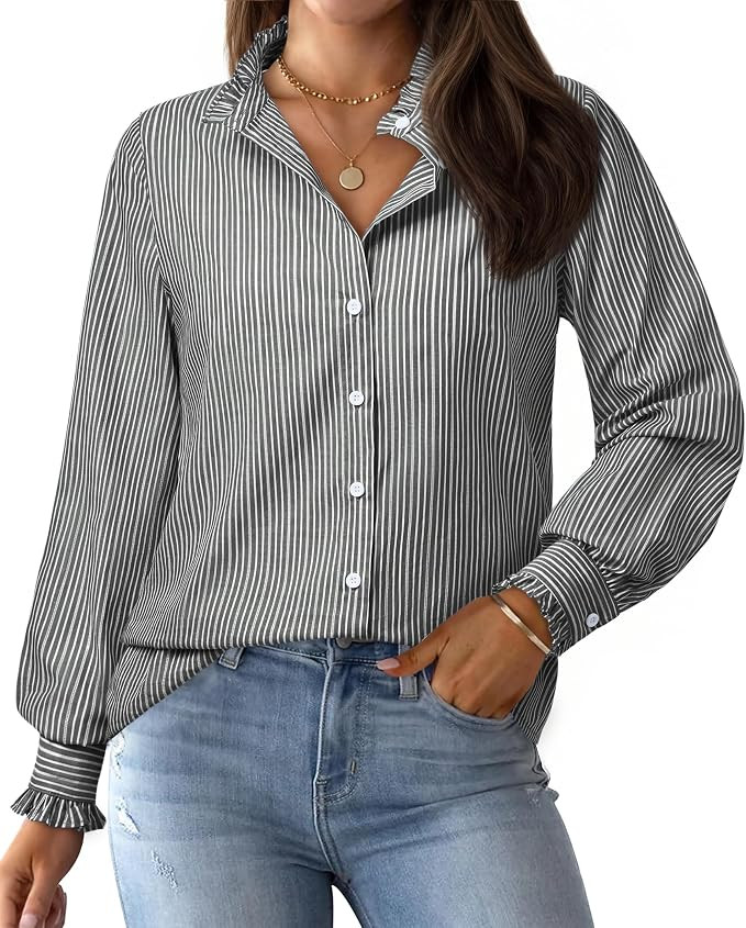siliteelon Womens Striped Button Down Blouse Dress Casual Long Sleeve Shirt Ruffle Trendy V Neck ... | Amazon (CA)