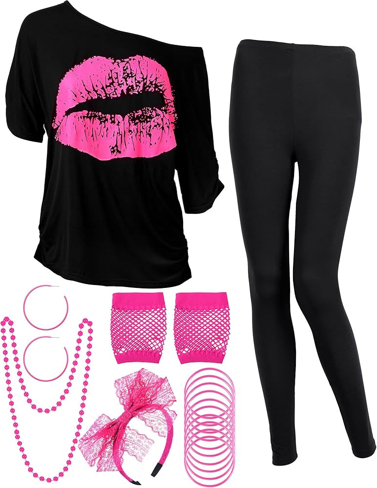 80s Women Costume Set, T Shirt, Legging Pants Earring Necklace Gloves Bracelet | Amazon (US)