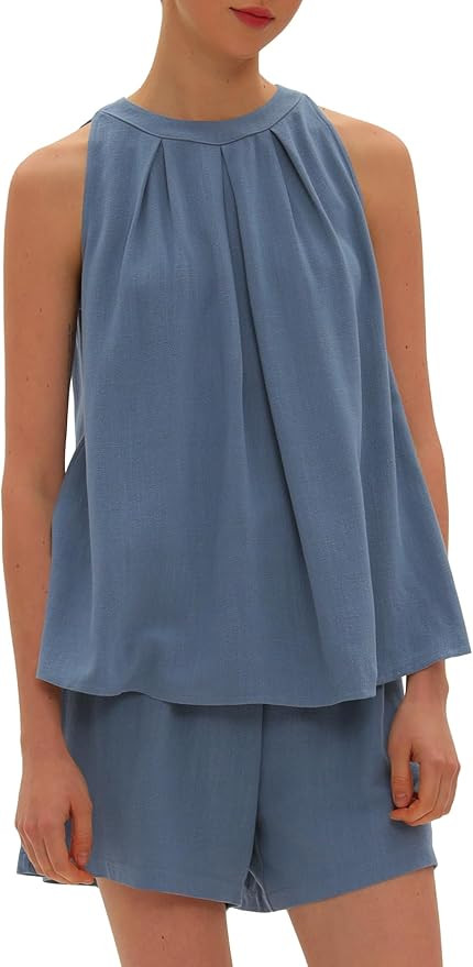 Beaully Linen Short Sets 2 Piece for Women Summer Casual Sleeveless Halter Neck Tops And Shorts S... | Amazon (US)