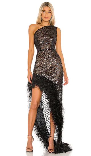 Lola Sheer Feather Gown in Black | Revolve Clothing (Global)