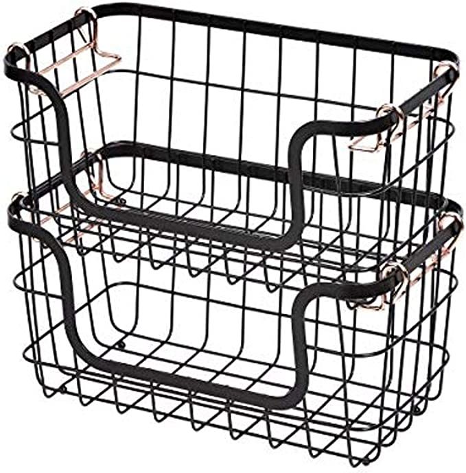Amazon Basics Stackable Metal Wire Storage Basket Set for Kitchen or Bathroom - Black/Rose Gold | Amazon (US)