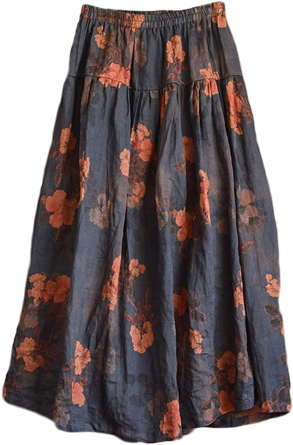 NFYM Women's Boho Floral Printed Ramie Elastic Waist Cotton Lining Long Maxi Skirt | Amazon (US)