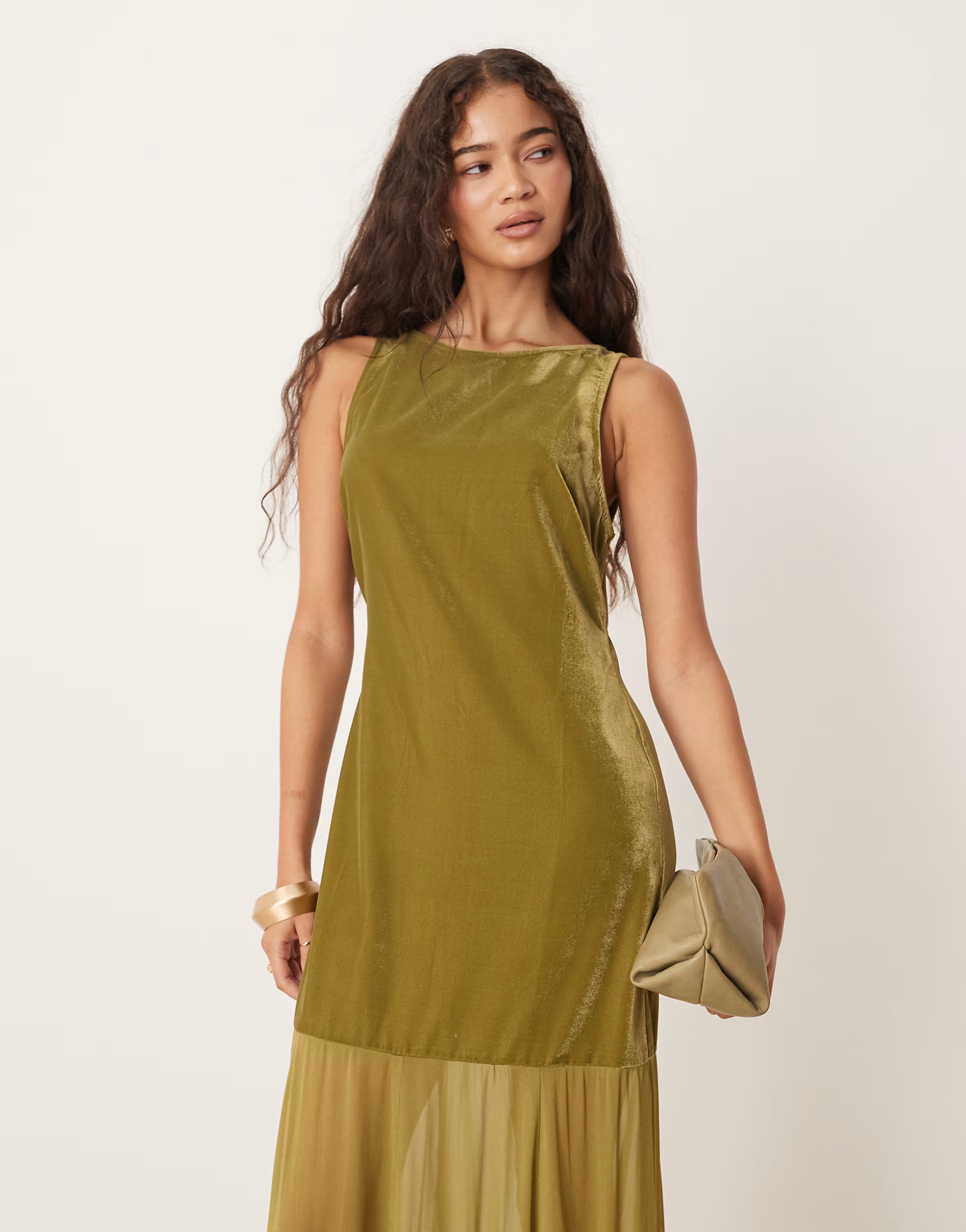 ASOS DESIGN dropped waist velvet maxi dress with sheer godet skirt in olive | ASOS | ASOS (Global)