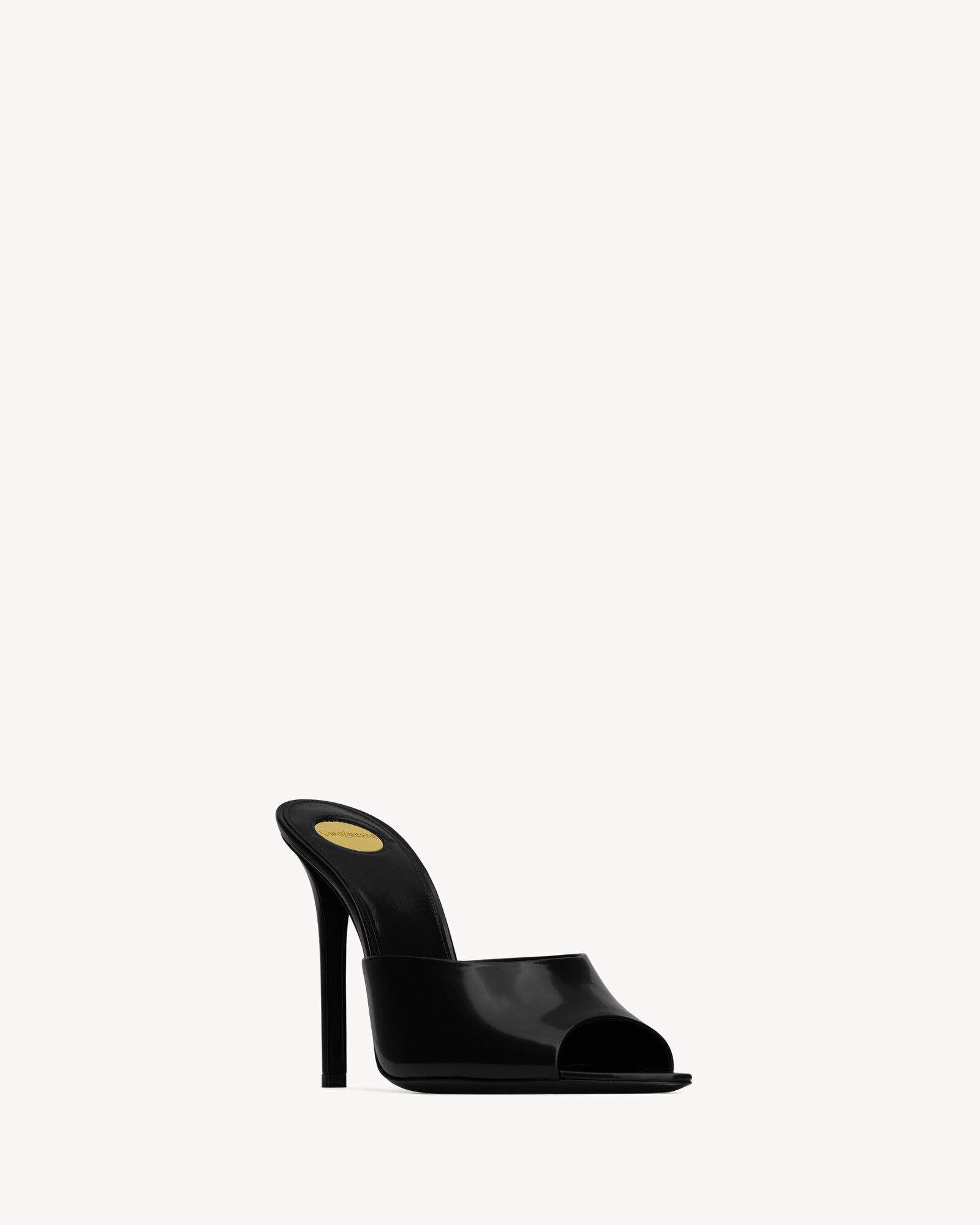 peep-toe mules with an almond toe and stiletto heel, featuring a round saint laurent-engraved met... | Saint Laurent Inc. (Global)