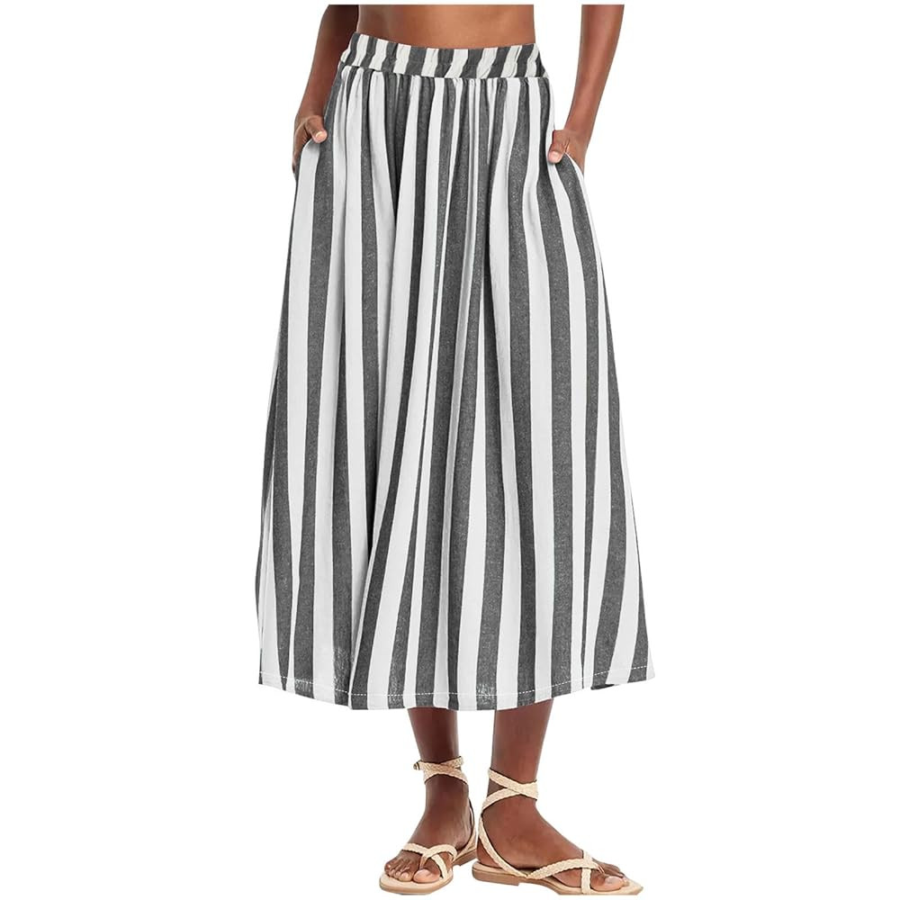 Women Casual Striped Wide Leg Pants Summer Flowy Beach Pant High Waist Cotton Linen Palazzo Trous... | Amazon (US)
