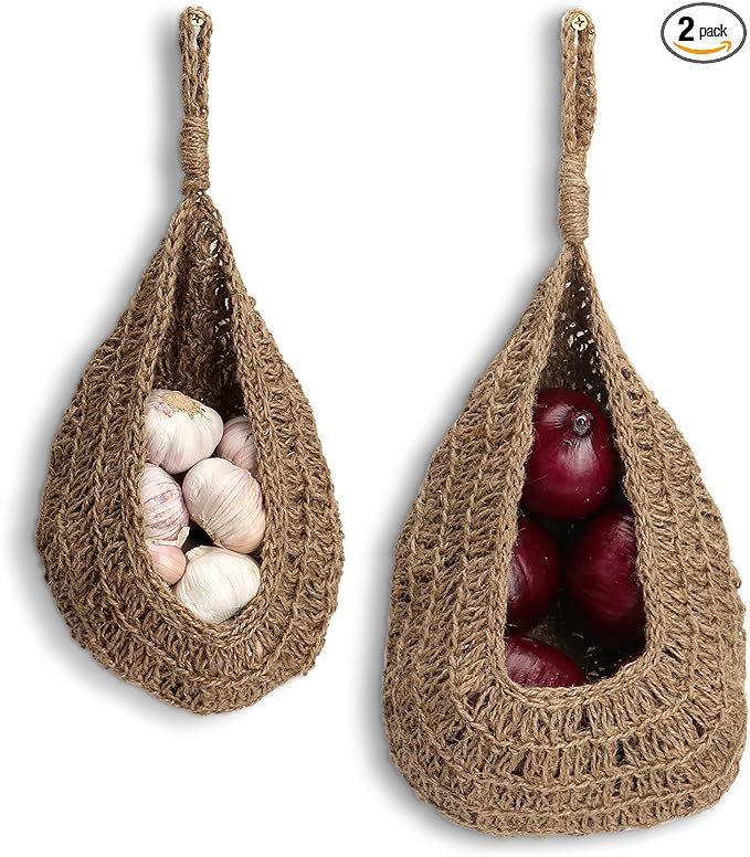 JIVANER Jute onion basket hanging for pantry | Potato garlic onion storage | Boho wall baskets fo... | Amazon (US)