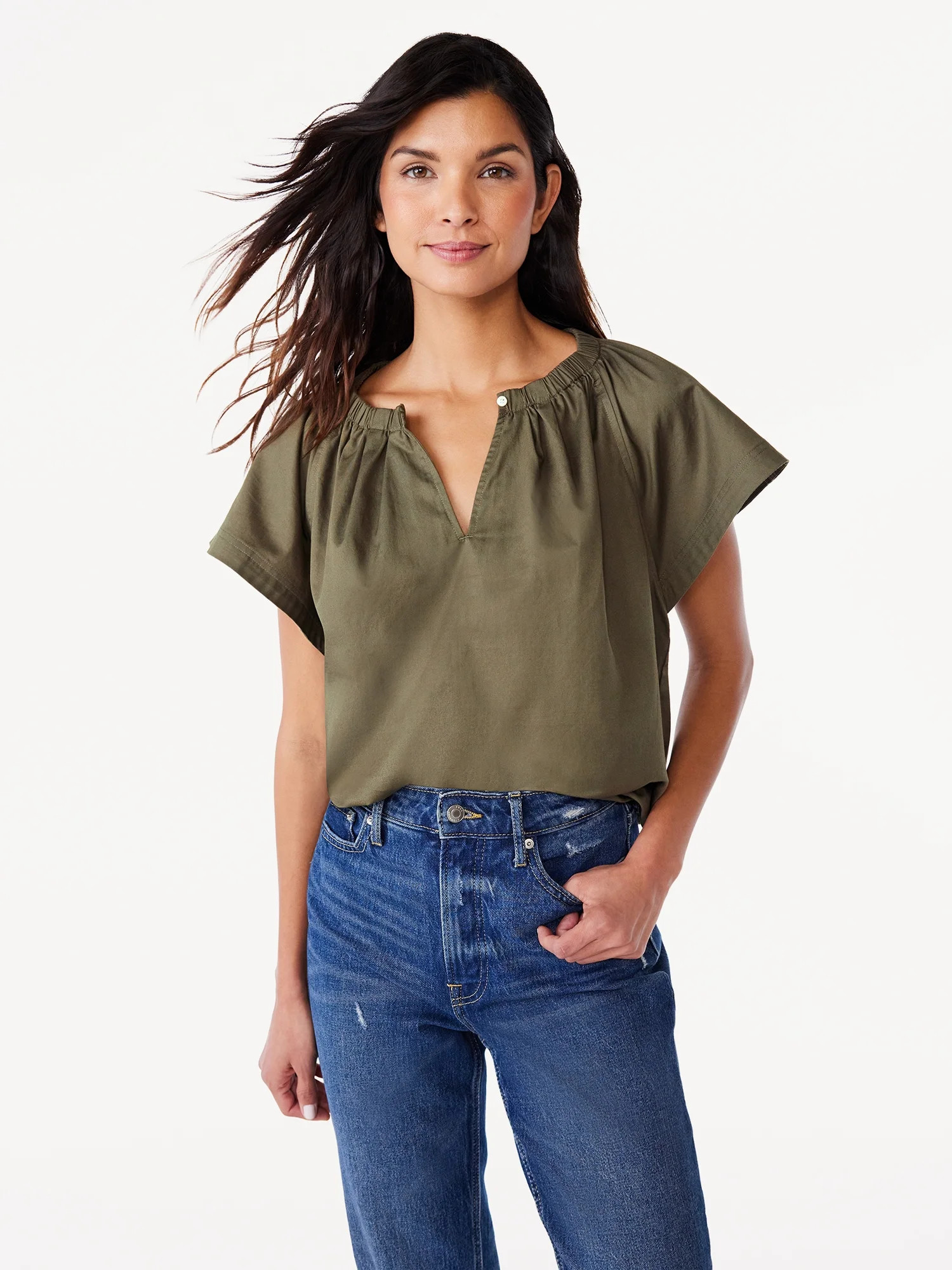 Free Assembly Women's Split Neck Top with Flutter Sleeves, Size XS-XXL | Walmart (US)