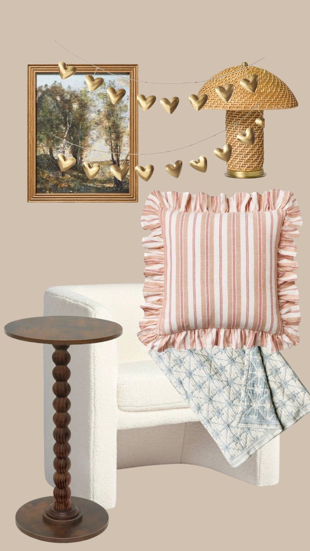 Affordable home decor that caught my eye. Home art. Wall art. Cozy chair. Side table. Ticking stripe pillow. Ruffle pillow. Target finds. Spring throw blanket. Quilt. Rattan lamp. Side table. 
Target finds. 
Home decor. Cost home inspo. 

#LTKHome