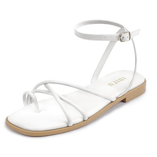IDIFU White Strappy Flat Sandals for Women Square Open Toe Ankle Strap Dressy Summer Beach Wedding Party Comfortable Trendy Thong Flip Flop Slide Ladies Sandals (White Pu, 9) | Amazon (US)