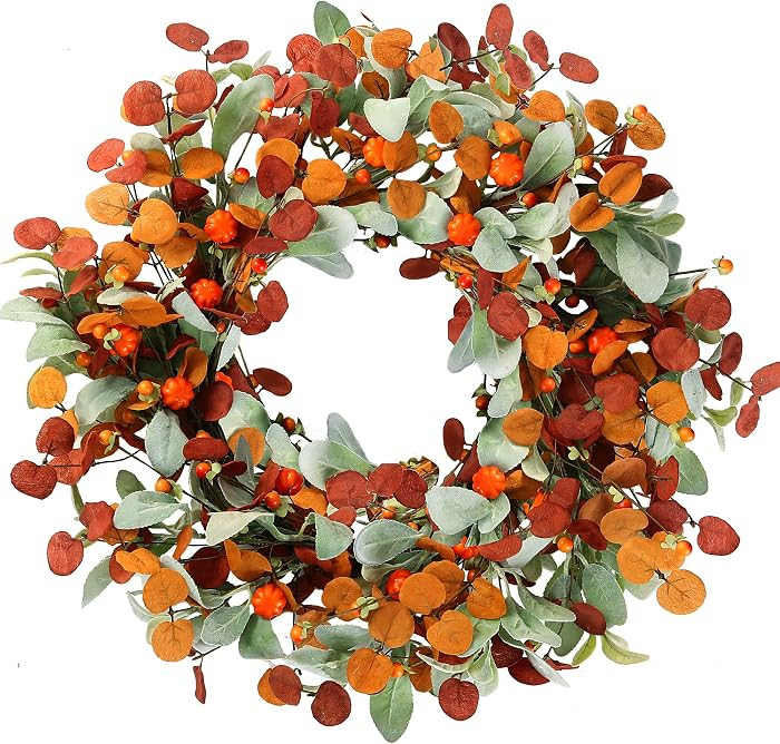 Sggvecsy Fall Wreath 21\u2019\u2019Artificial Autumn Front Door Wreath with Small Pumpkins Silk E... | Amazon (US)