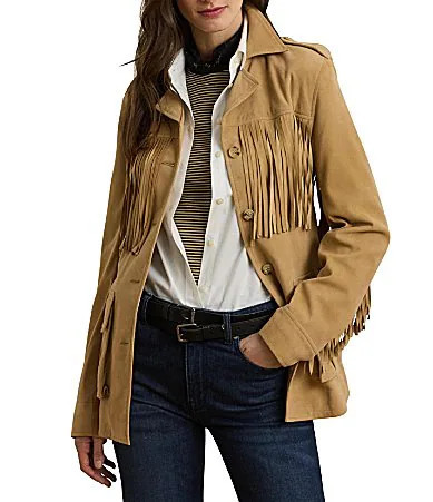 Lauren Ralph Lauren Fringe Trim Goat Suede Notch Collar Belted Jacket - 4 | Dillard's
