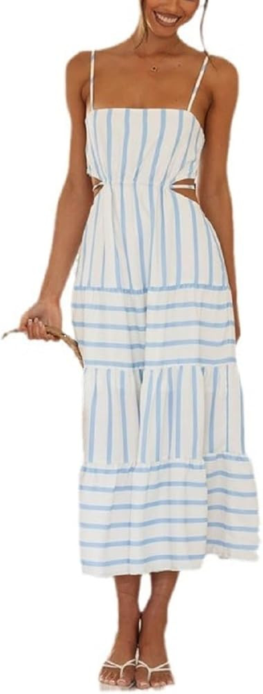 NUFIWI Women Summer Striped Maxi Dress Spaghetti Strap Cutout Ruffle Long Dress Flowy Swing Beach... | Amazon (US)