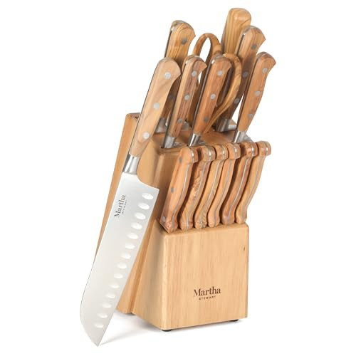 Martha Stewart Austenwood 15-Piece Knife Block Set, German Stainless Steel Kitchen Knives with Forged Italian Olive Wood Handle | Amazon (US)