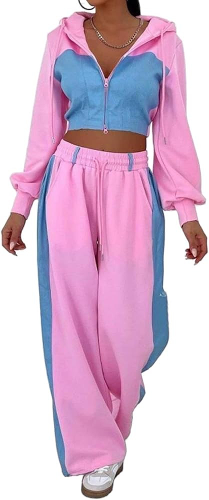 Women's 2 Piece Outfits Lounge Sweatsuits Denim Patchwork Zip Up Crop Hoodie Baggy Jogger Pant Tr... | Amazon (US)