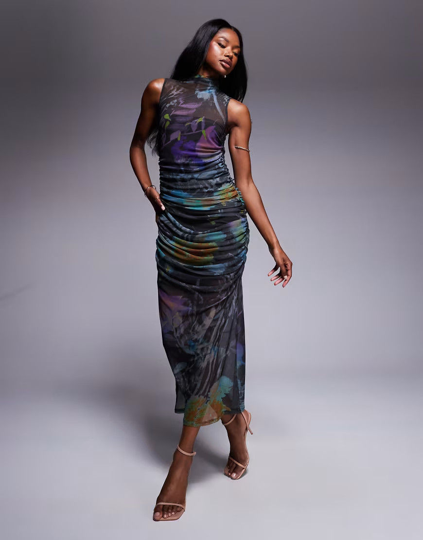 ASOS DESIGN mesh grown on neck ruched drape midi dress in abstract print-Multi | ASOS (Global)