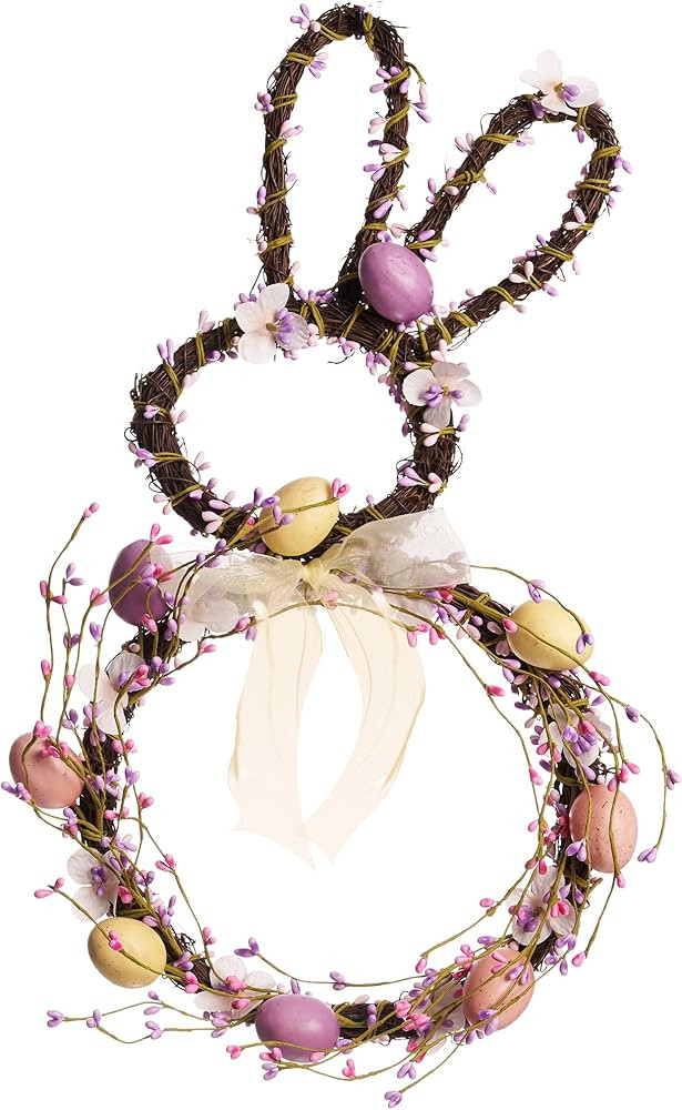 Spring Door Wreath, Easter Bunny Decor with Twigs, Bow and Flowers, Purple and Pink Artificial Wr... | Amazon (US)