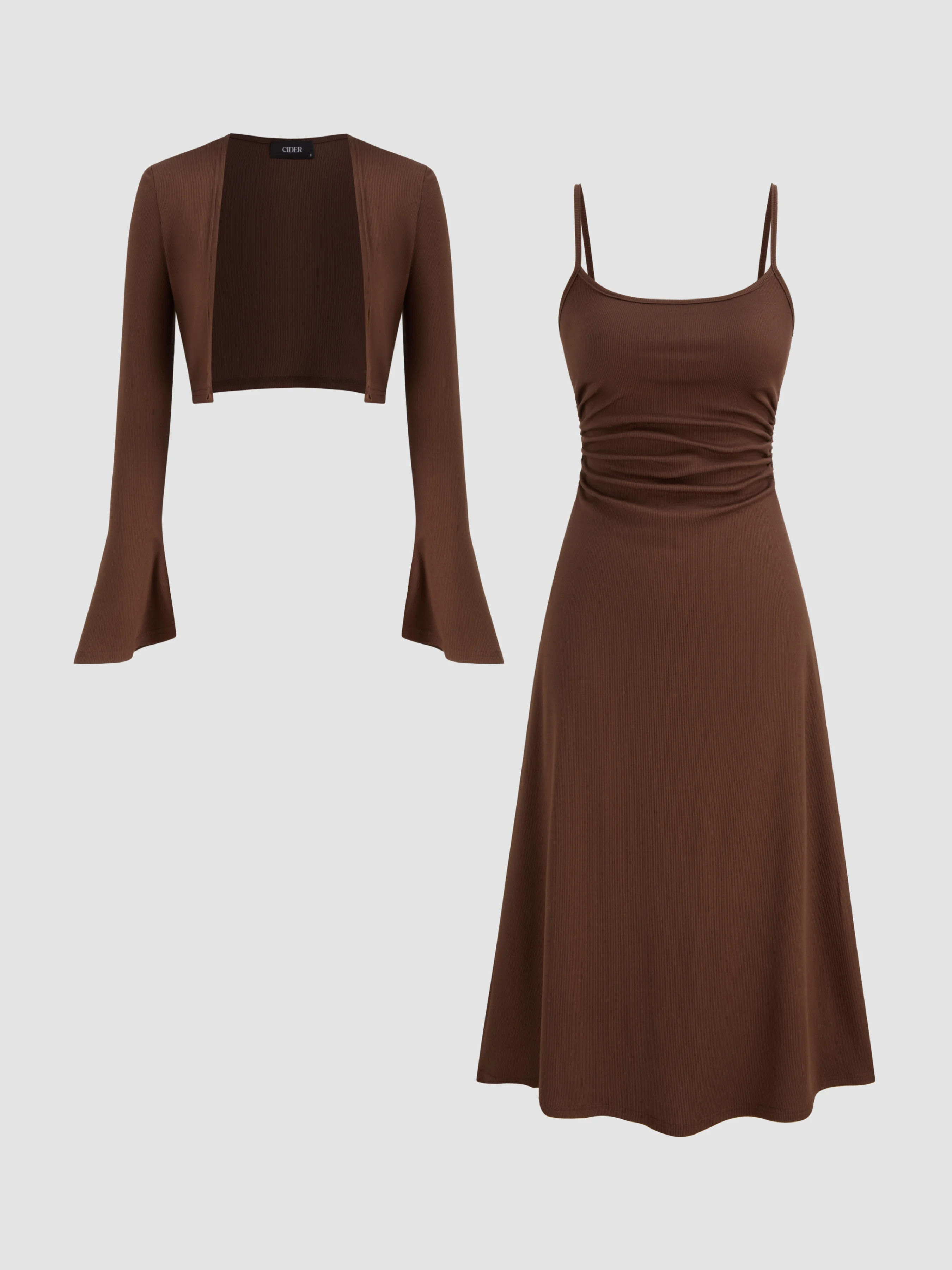 Ruched Solid Cami Maxi Dress & Solid Long Sleeve Shrug | Cider