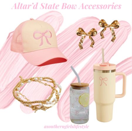 Adorable Bow Pieces from Altar’d State. Great gift ideas

🎀Pink Bow Trucker Hat
🎀Gold Wavy Dainty Bow Earrings 
🎀Bow Pearl Bracelet Set
🎀Glass Bow Latte Cup
🎀Pink Stainless Steel Tumbler 

Accessories. Jewelry. 

#LTKfindsunder50 #LTKGiftGuide #LTKstyletip