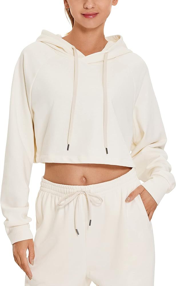 CRZ YOGA Women's Cotton Cropped Hoodies Drawstring Loose Fit Casual Sweatshirt Long Sleeves Workout  | Amazon (US)