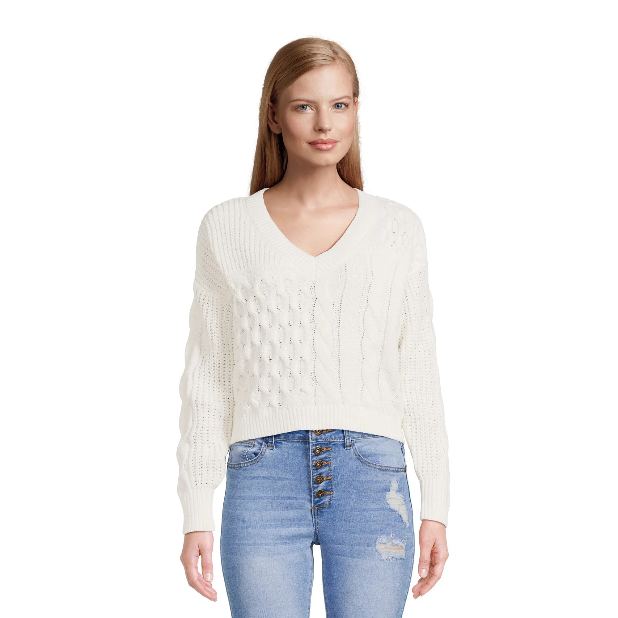 No Boundaries Juniors Patchwork Cable Knit Sweater, Midweight, Sizes XS-XXXL - Walmart.com | Walmart (US)