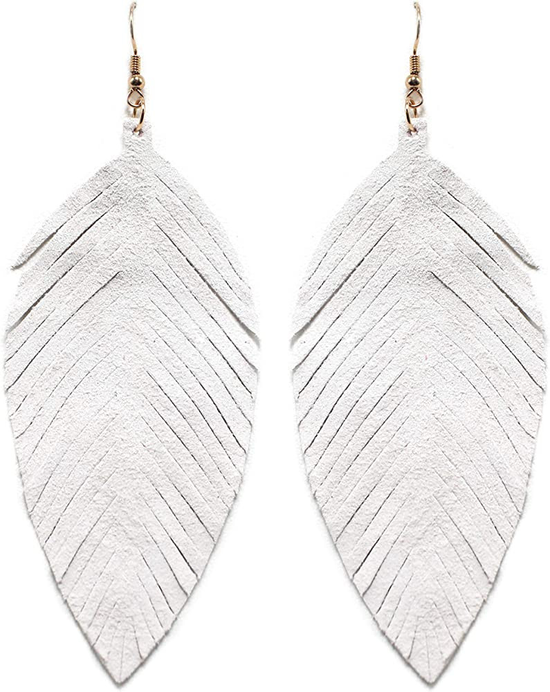 Large Genuine Soft Leather Handmade Fringe Feather Lightweight Tear Drop Dangle Color Earrings fo... | Amazon (US)