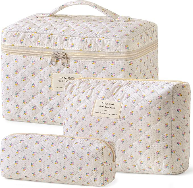 HBselect Quilted Makeup Bag, 3PCS Cotton Large Travel Makeup Bag, Cute Floral Coquette Make up Ba... | Amazon (US)
