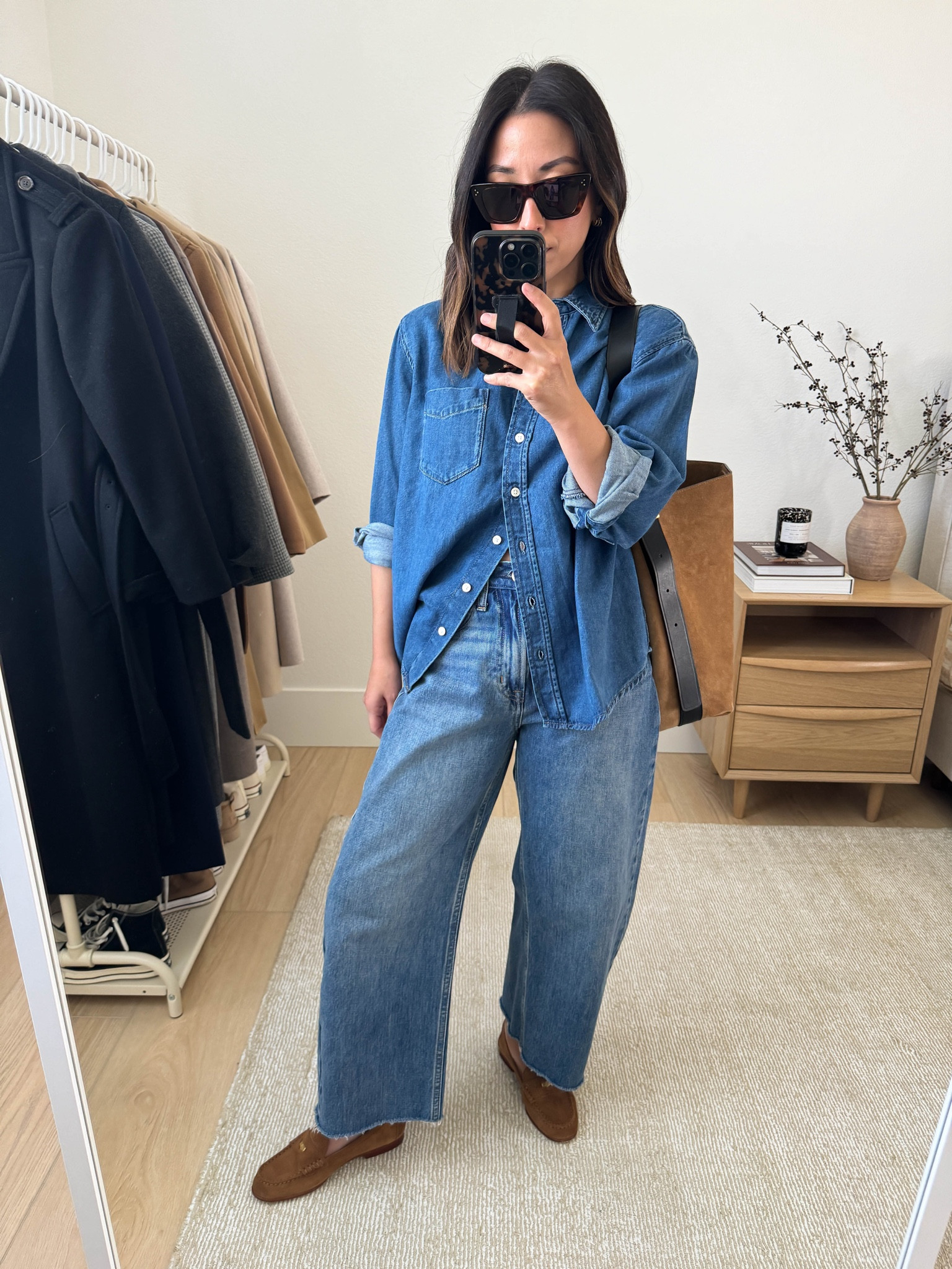 Denim on denim for fall. Denim shades don't have to be the same. This is the Gap Big Shirt, but appears to be sold out. Linked my other favorite denim shirt from AYR. They changed the buttons to snap, but it appears to be the same shirt. 

Gap Big Shirt petite xs
Gap jeans  26, sized up cut hems
Veronica Beard loafers 5.5, but run tts
Madewell suede bucket bag (old)
Celine sunglasses 

#LTKSeasonal #LTKStyleTip #LTKPetite