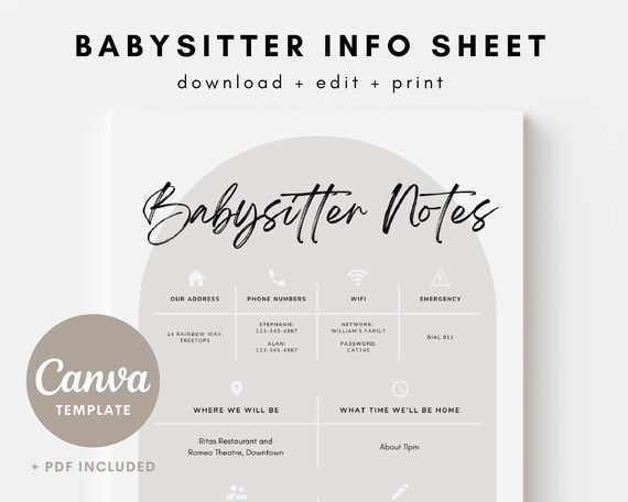 Editable Babysitter Information Sheet Template Canva - Etsy | Etsy (US)