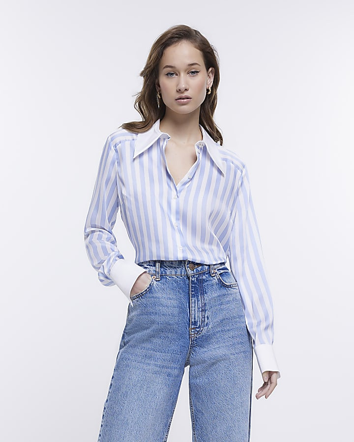 Blue stripe satin long sleeve shirt | River Island (UK & IE)