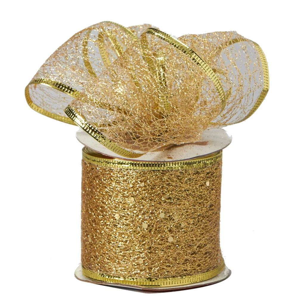Decorative Tulle Glitter Mesh Wrap wire Holiday Christmas Ribbon, Gold | Walmart (US)