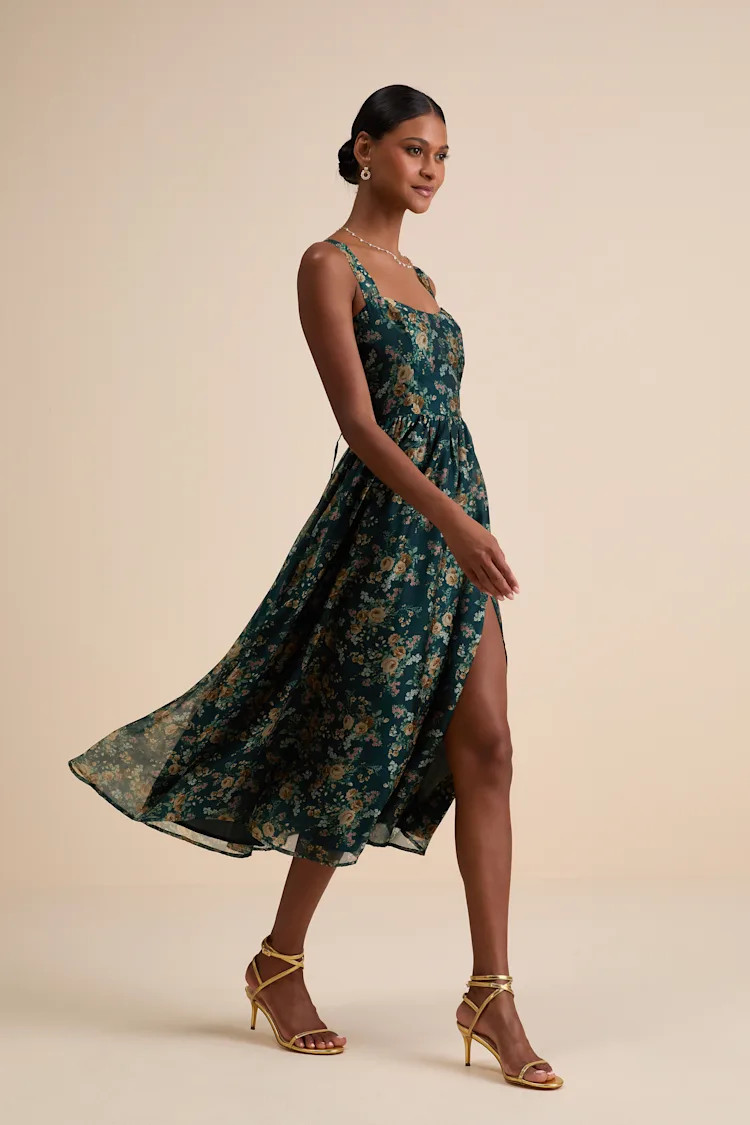 Francesca Dark Teal Floral Sleeveless Midi Dress | Lulus