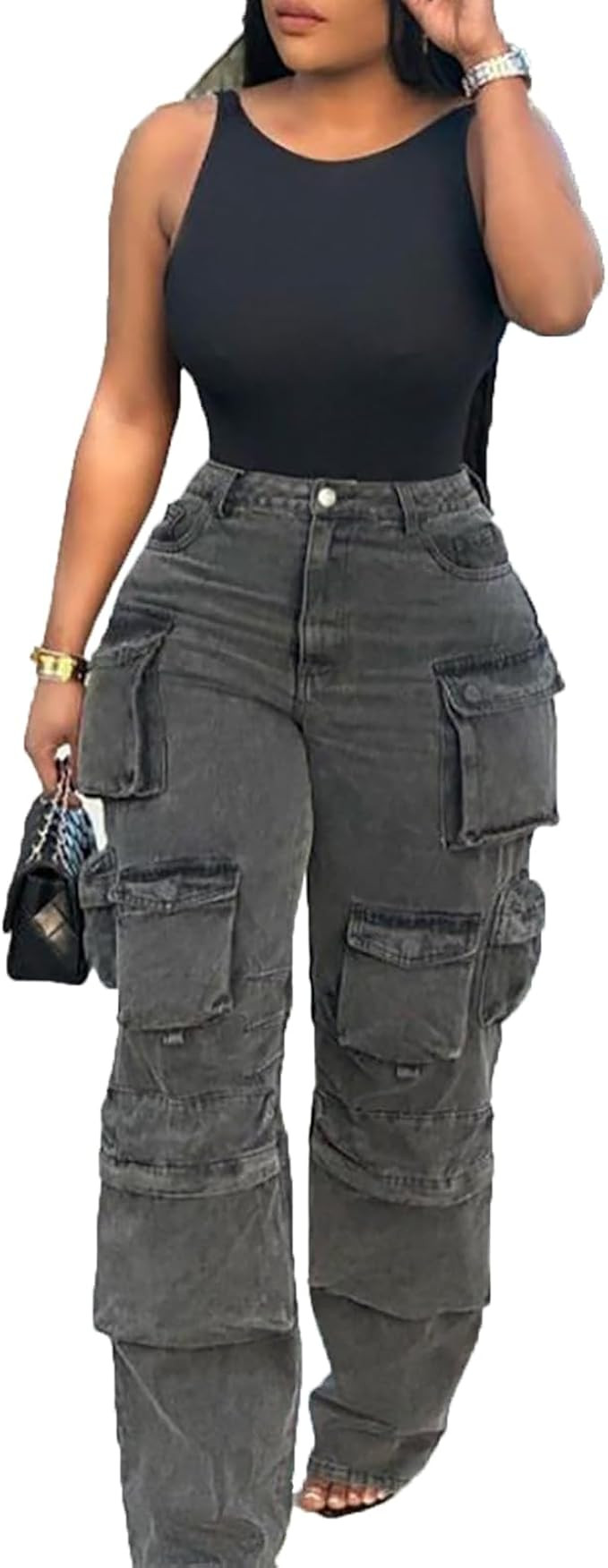 LKOUS Women's Y2K Baggy Straight Wide Leg Cargo Jeans, Streetwear High Waisted Denim Pant | Amazon (US)