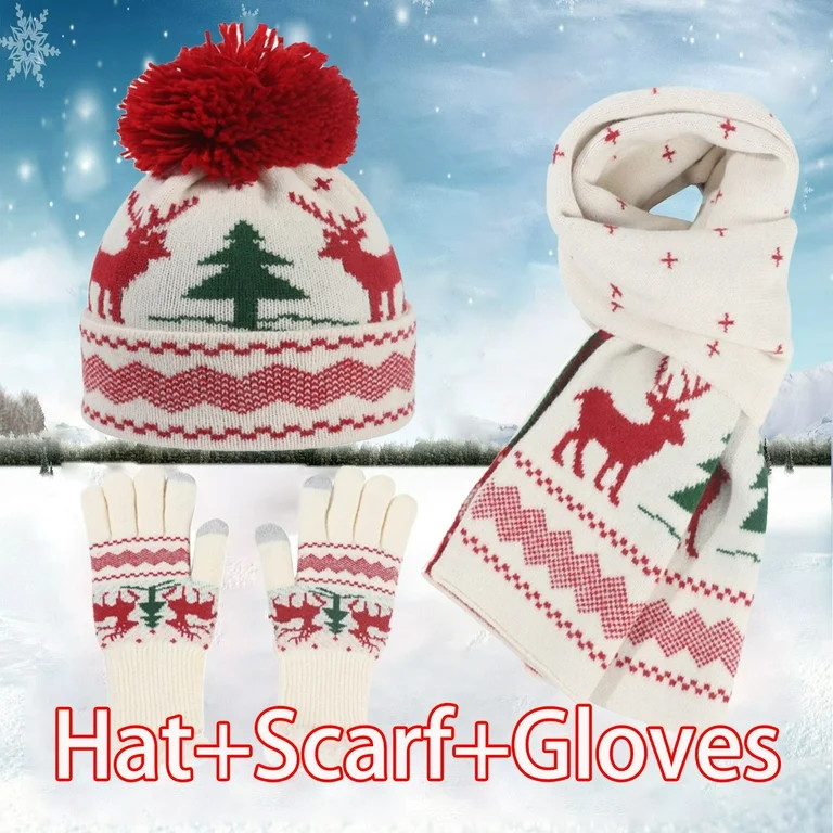 2PCS Women's Winter New European And American Christmas Knitting Hat Gloves Scarf Three Piece Thi... | Walmart (US)