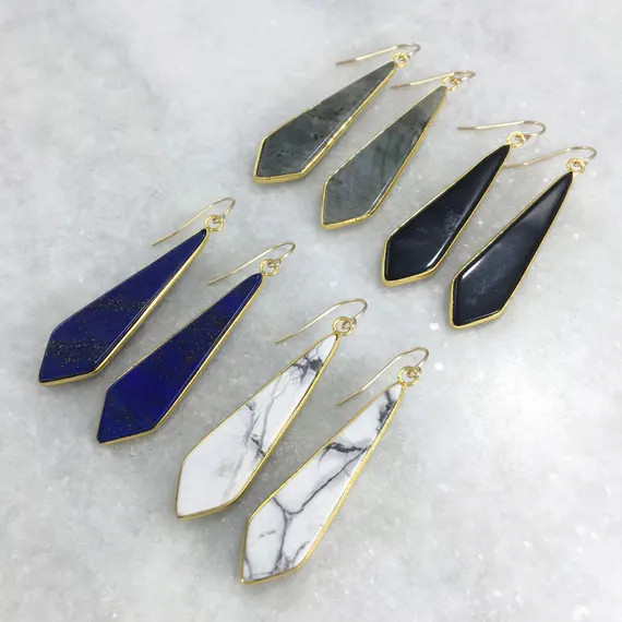 Long Stone Earrings | Lapis | Labradorite | White Marble | Black Stone | Gold Earrings | Statement E | Etsy (US)