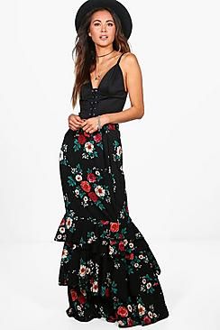 Lola Ruffle Hem Floral Woven Maxi Skirt | Boohoo.com (US & CA)