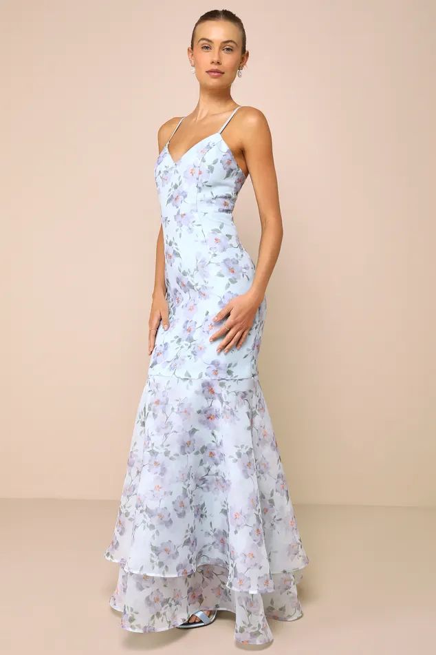 Pure Splendor Light Blue Floral Organza Trumpet Maxi Dress | Lulus