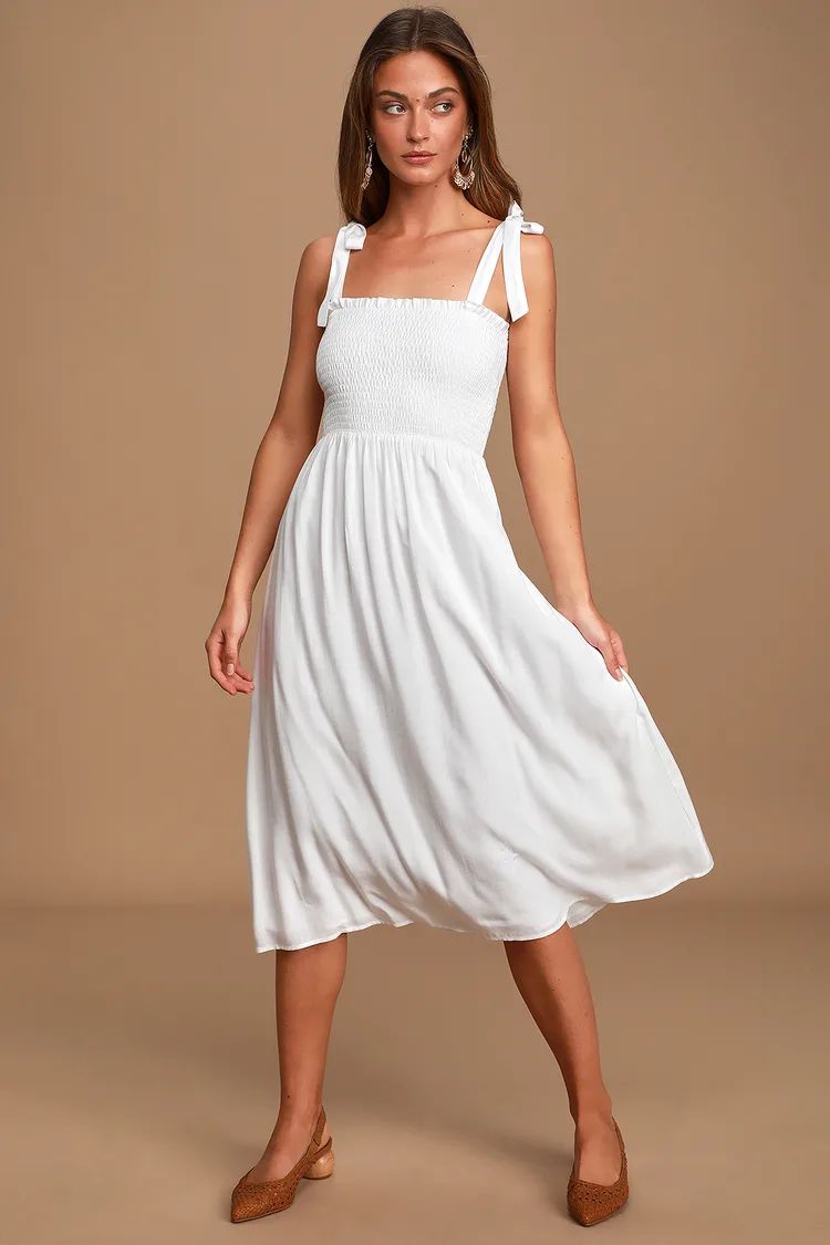 Looking Up White Smocked Tie-Strap Midi Dress | Lulus