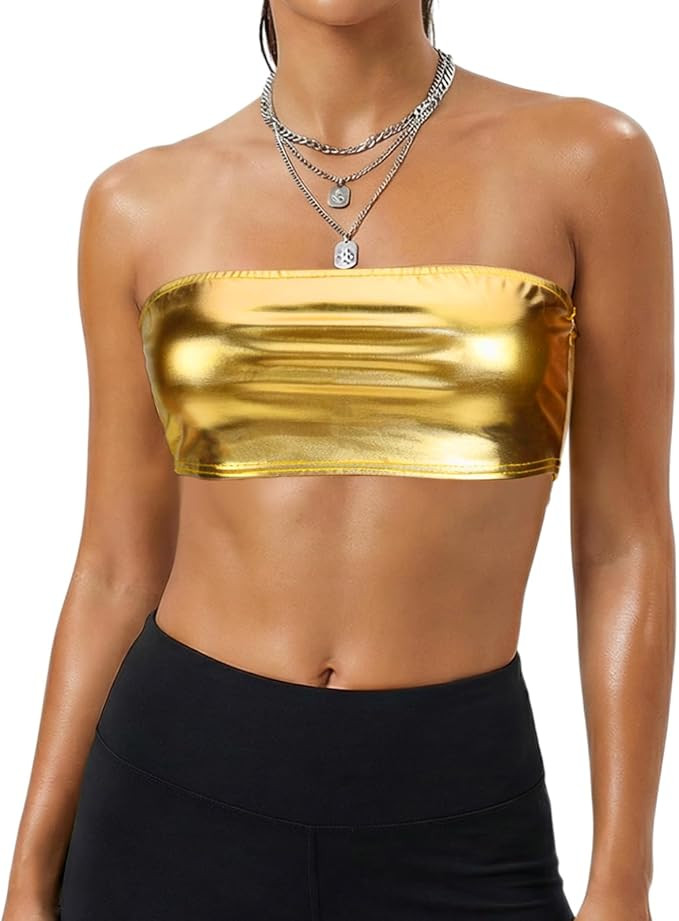 Shiny Bandeau Top Metallic Strapless Top Metallic Rave Tube Tops for Women Dancing Festivals | Amazon (US)