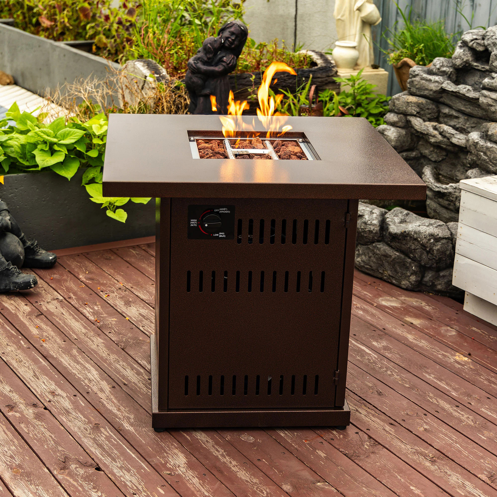 REIBII 28 inch Outdoor Fire Pit Table 50000 BTU Propane Fire Pit Square Steel Table Top Fire Pit for Patio Deck Garden Brown Stainless Steel | Lowe's