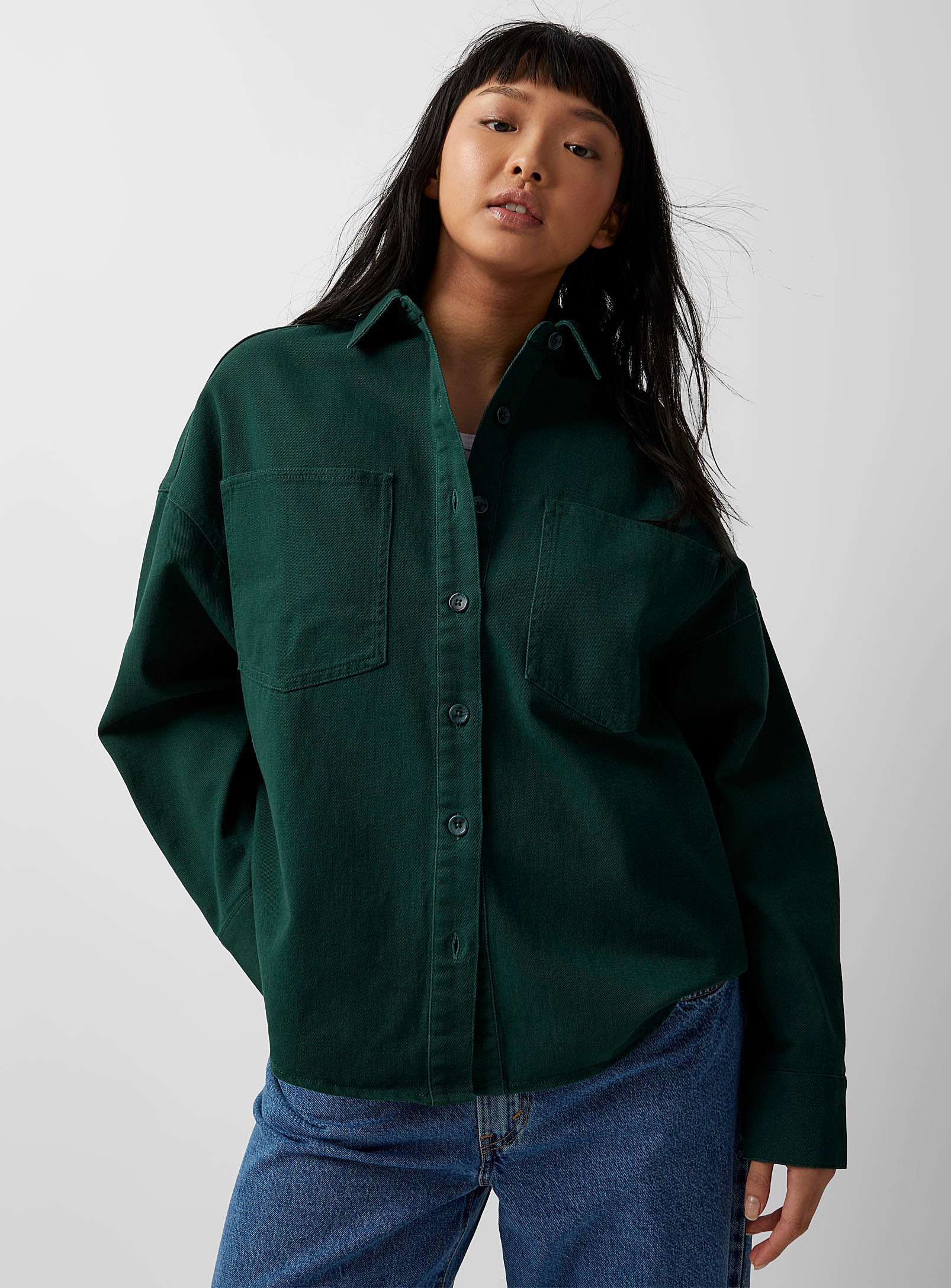 Twik - Patch-pocket twill shirt (Women, Green, X-SMALL) | Simons
