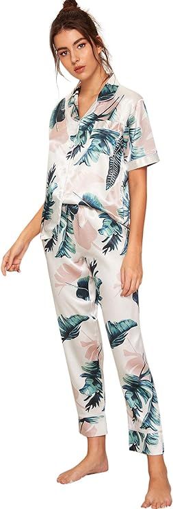 Floerns Women's Printed Two Piece Short Sleeve Sleepwear Long Pants Silk Pajamas Sets | Amazon (US)