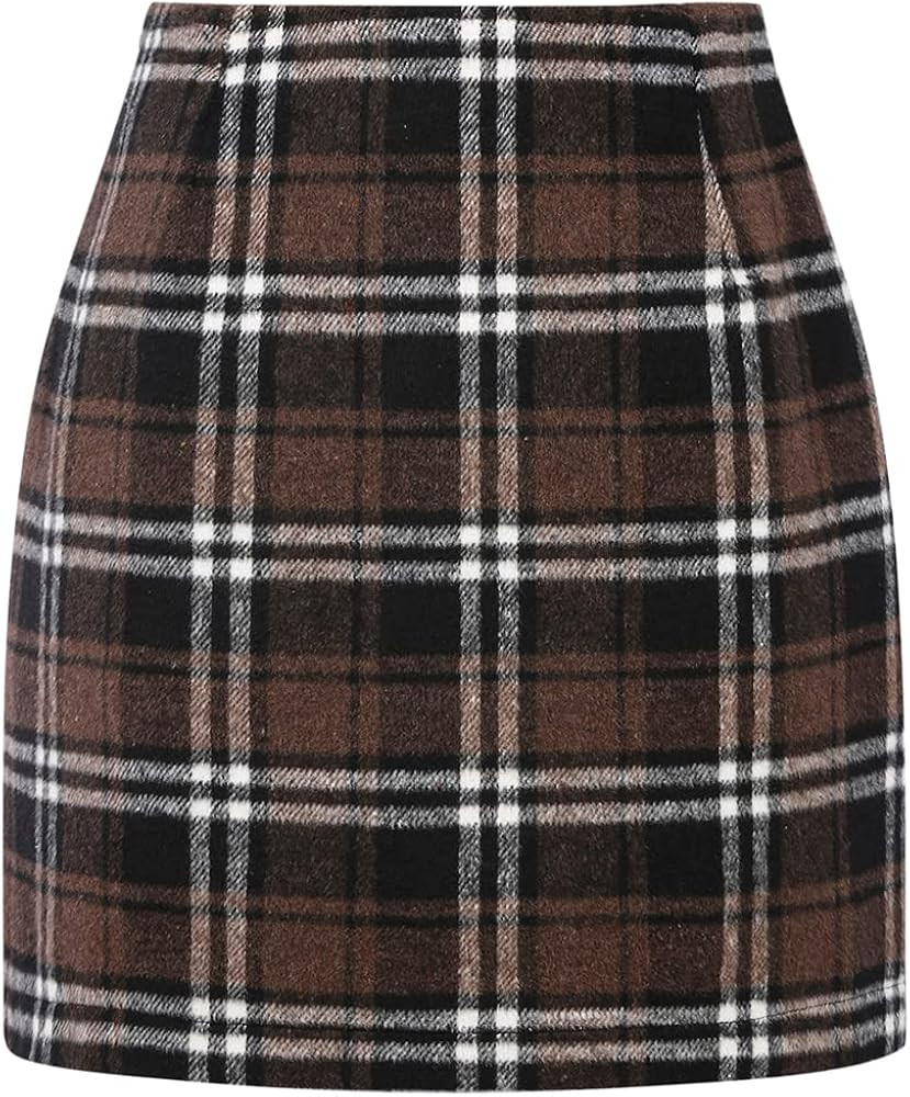 IDEALSANXUN Womens High Waist Plaid Skirt Bodycon Pencil Wool Mini Skirts | Amazon (US)